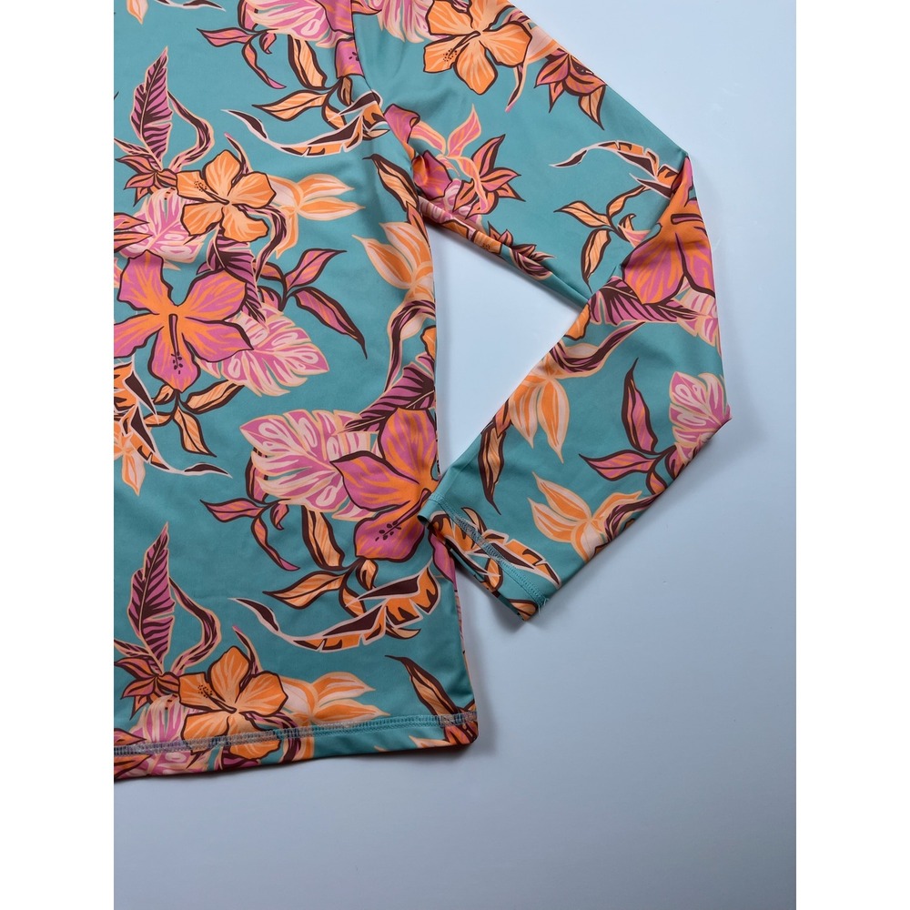 Roxy Womens Long Sleeve Rash Guard Teal Orange Pink Hibiscus Floral Swim Top M - Picture 10 of 12